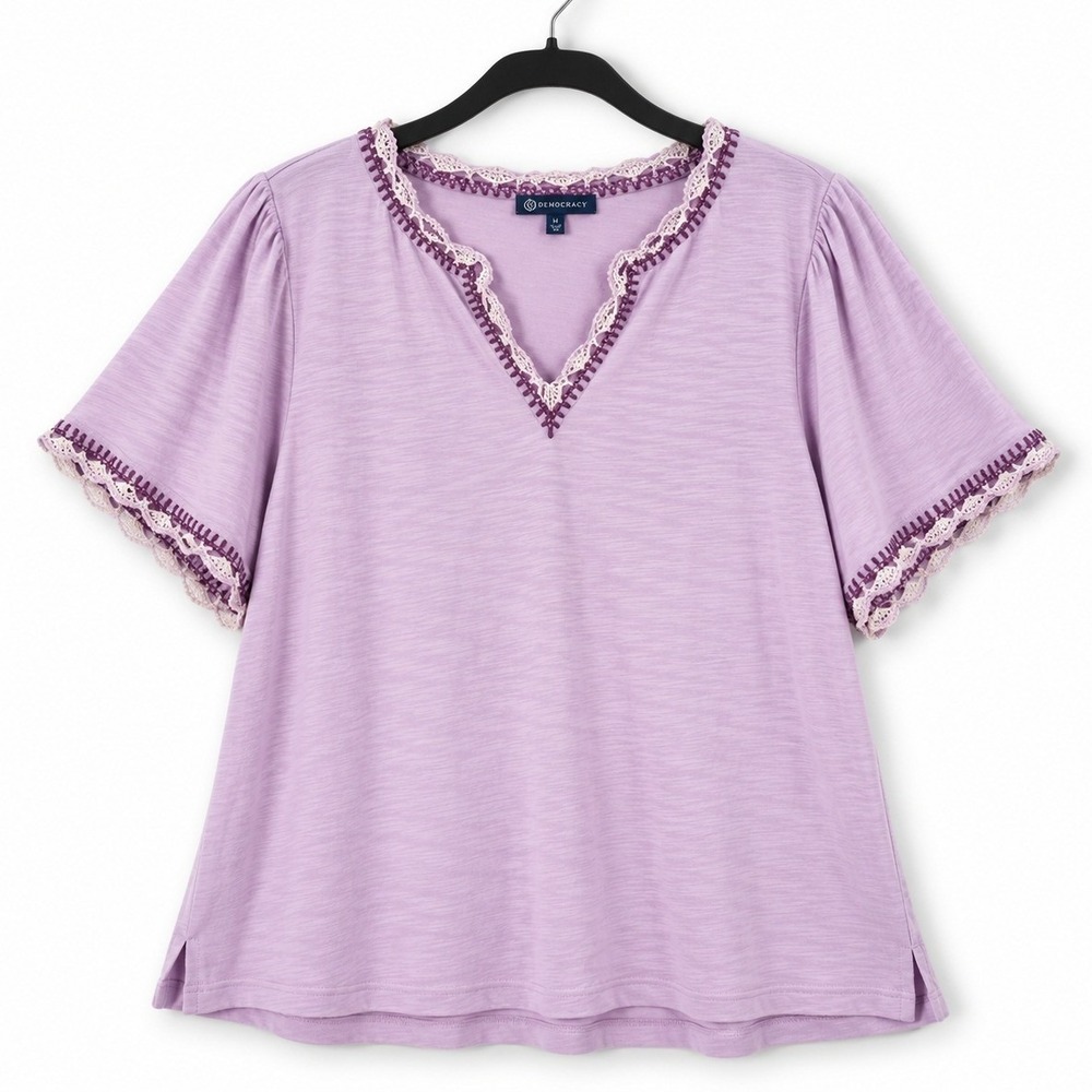 Democracy Crochet Trim Top Womens 1X Purple V-Neck Slub Knit Boho Cottagecore